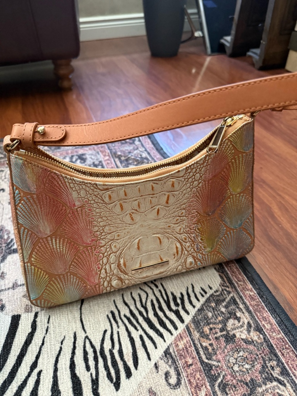 Brahmin Multicolor Shell-Embossed Leather Shoulder Bag with Tan Strap
